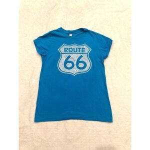 Bayside Apparel Route 66 Graphic‎ T-Shirt Blue Cotton Womens Medium Made in USA